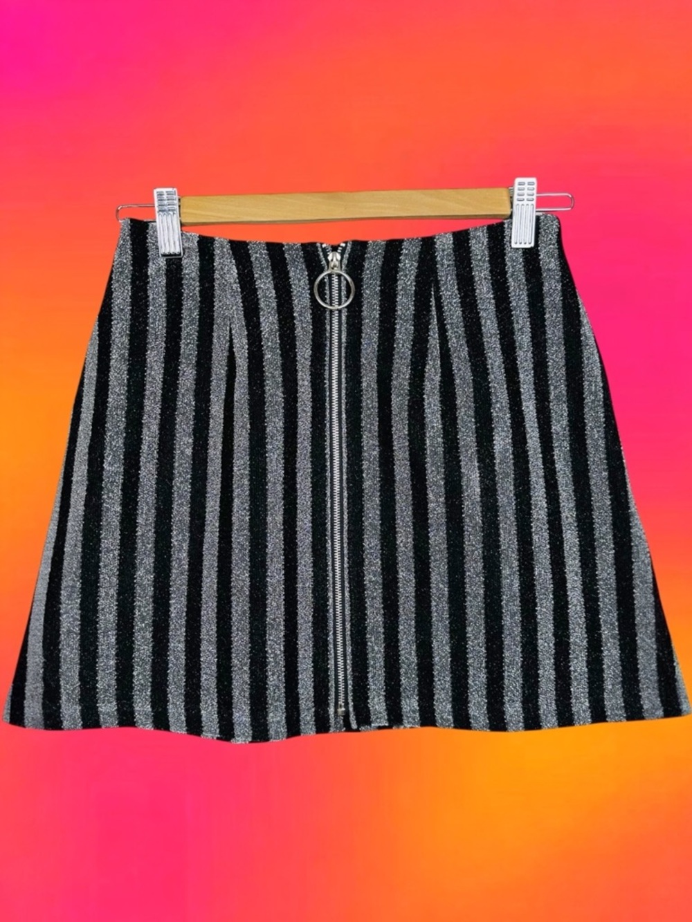 RASVOA Tokyo Vintage 90s Harajuku Metallic Glitter Striped Zip Front Mini Skirt
